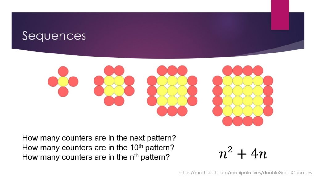 Quadratic sequences using double sided counters.