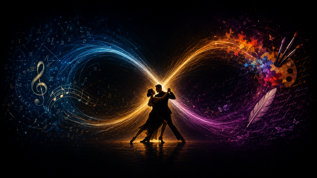 A tango couple stands at the centre of a glowing infinity-shaped swirl, surrounded by mathematical symbols, musical notes, artistic colours and poetic imagery on a dark background.